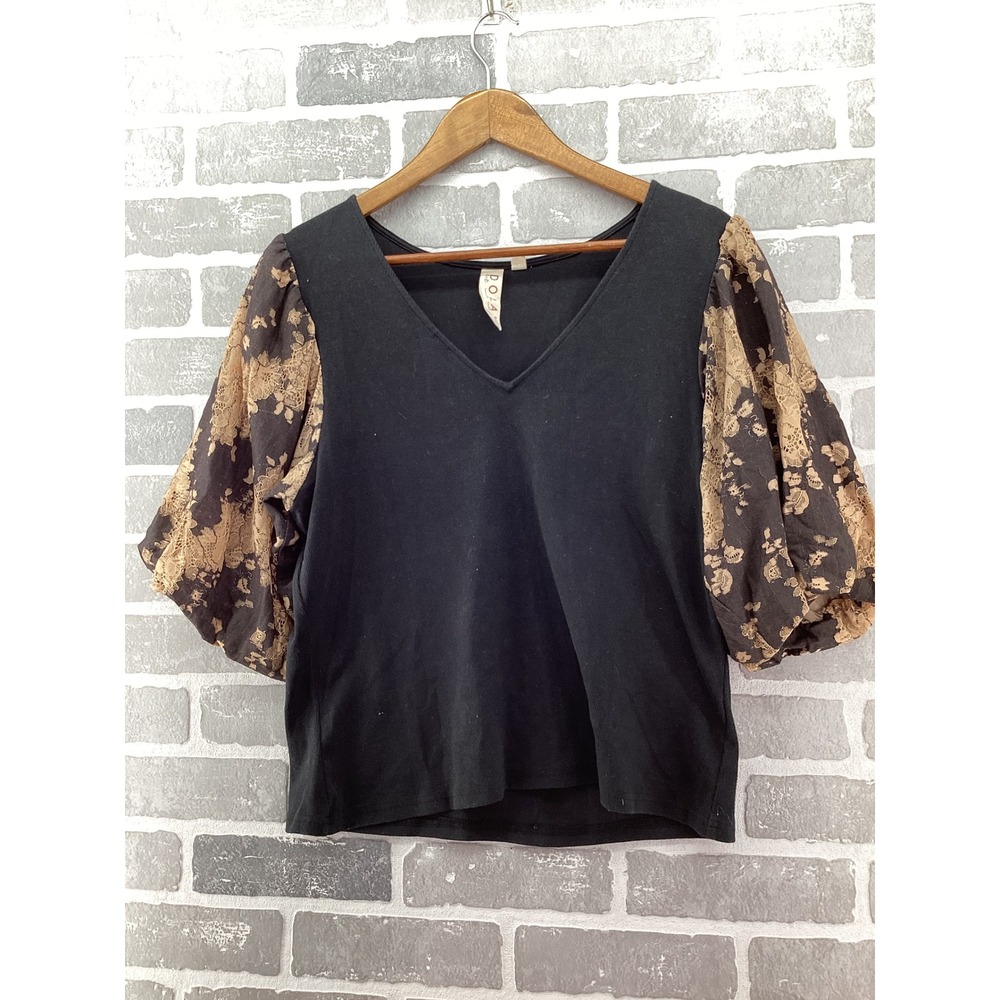Dolan Left Coast Collection Black V-Neck Top Tan Floral Lace Puff Sleeve XL